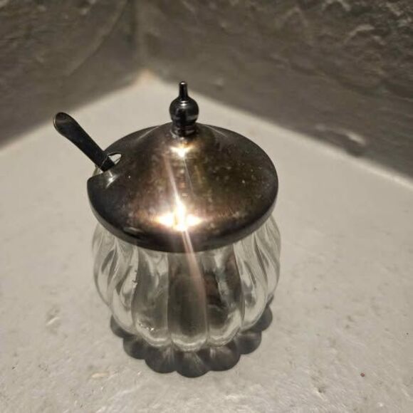 Silver Plated And Glass Sugar Bowl with Spoon 2" - Picture 1 of 3